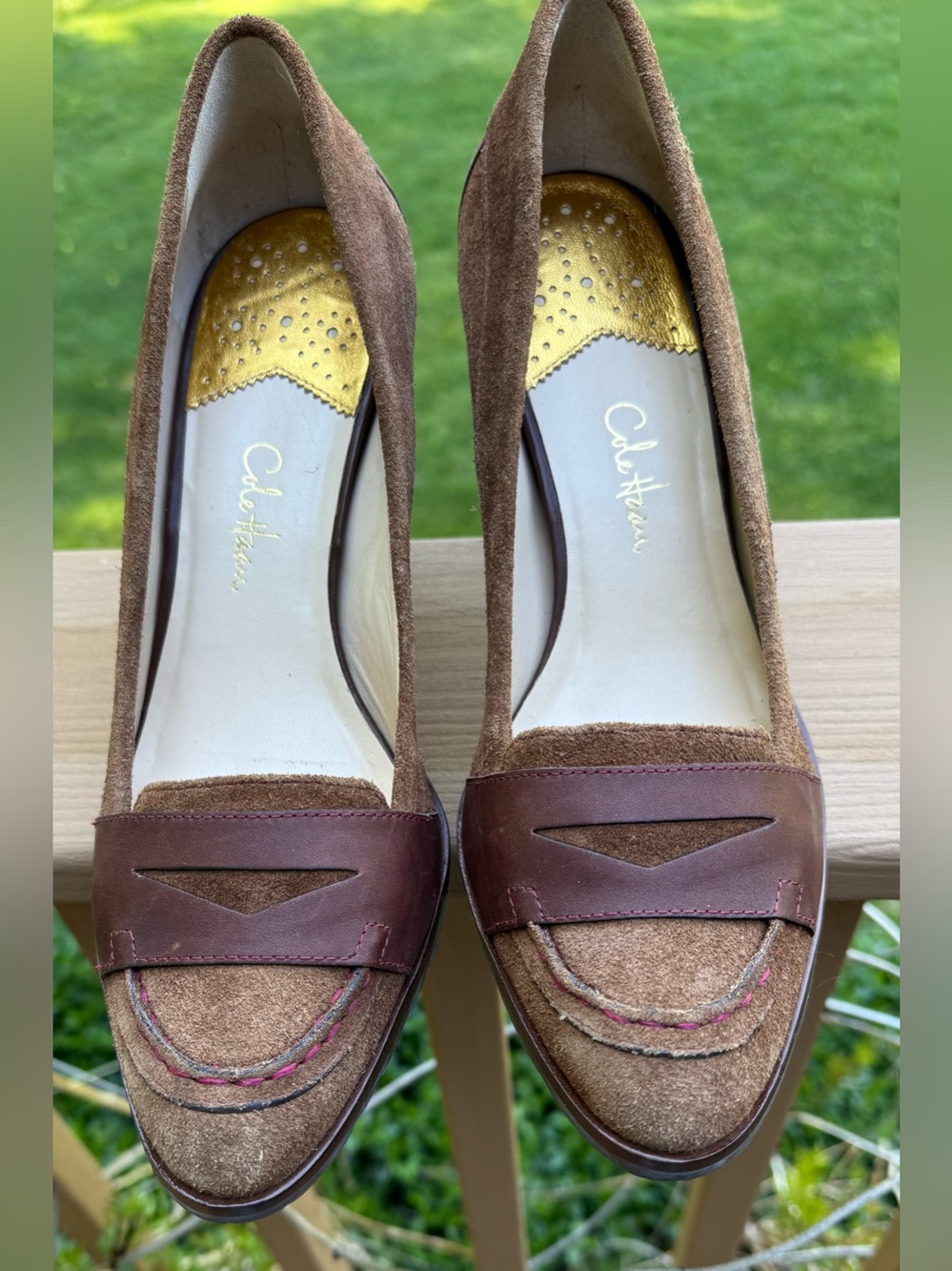 Cole Haan Brown Suede and Leather Heels with Gold Insole Accents